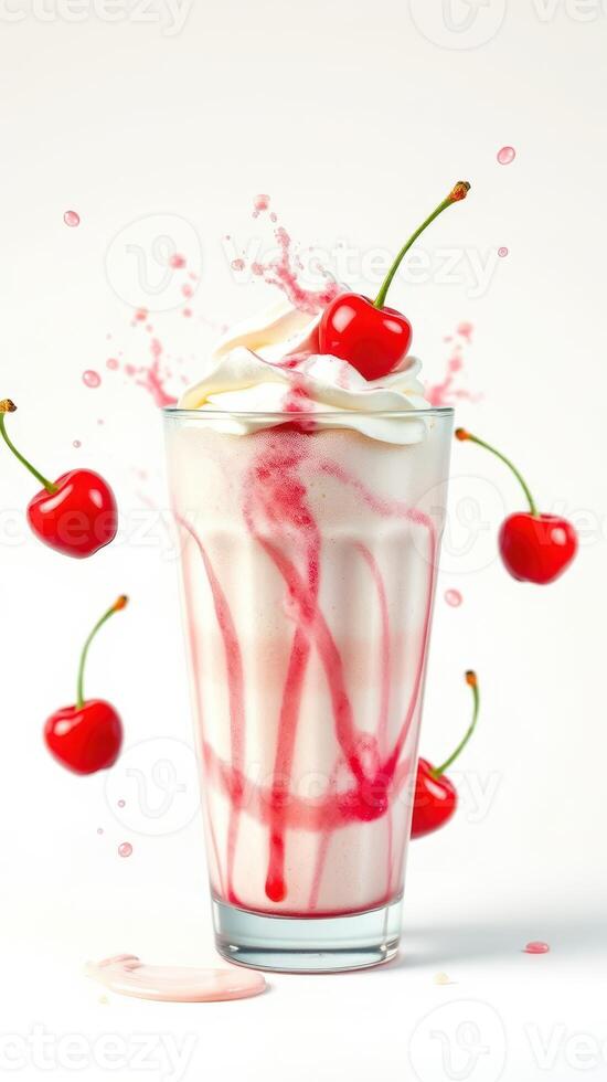 Creamy cherry milkshake with splashes of syrup in a clear glass cup served with fresh cherries on a bright background photo
