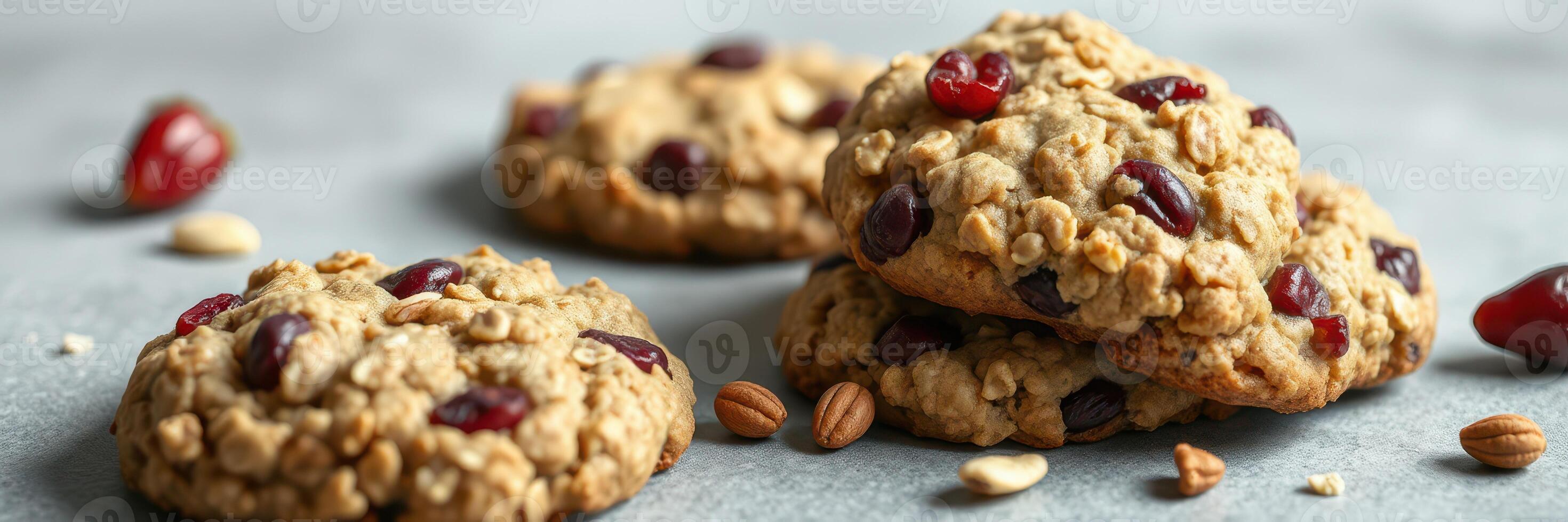 Delicious homemade oatmeal cookies with chocolate chips and dried fruit displayed on a light gray background photo