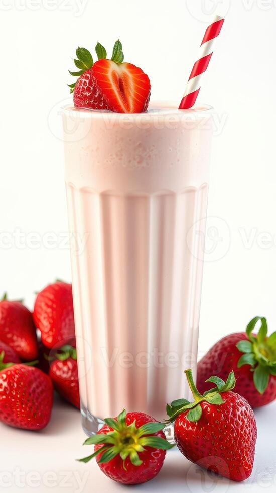 Fresh strawberry milkshake garnished with sliced strawberries and a striped straw on a plain background photo