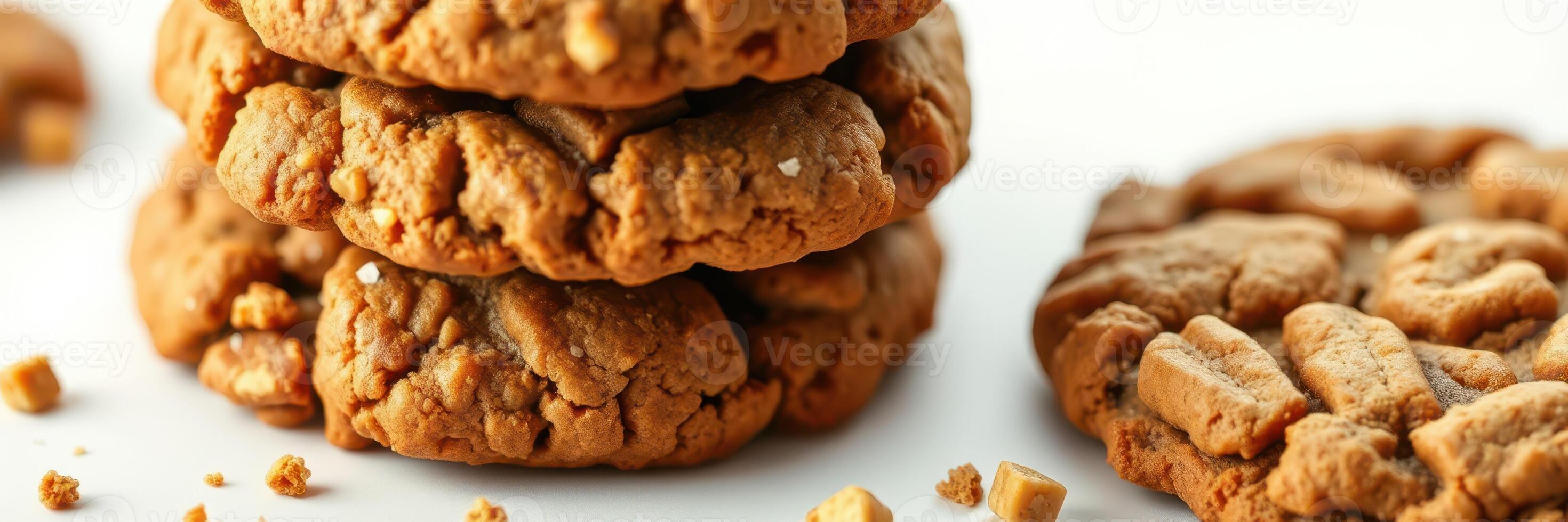 Freshly baked peanut butter cookies stacked on a white surface with crumbs scattered around photo