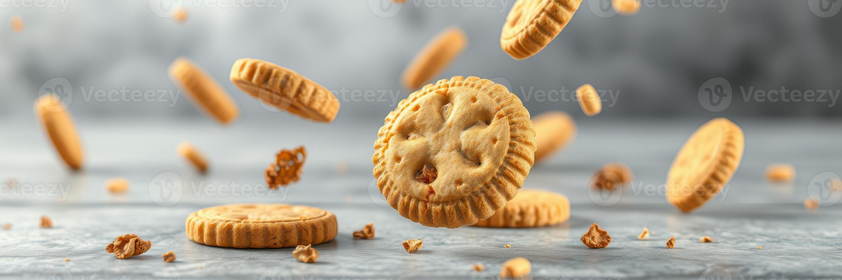 Cookies fall gently on a smooth surface creating a dynamic and appetizing display of treats photo