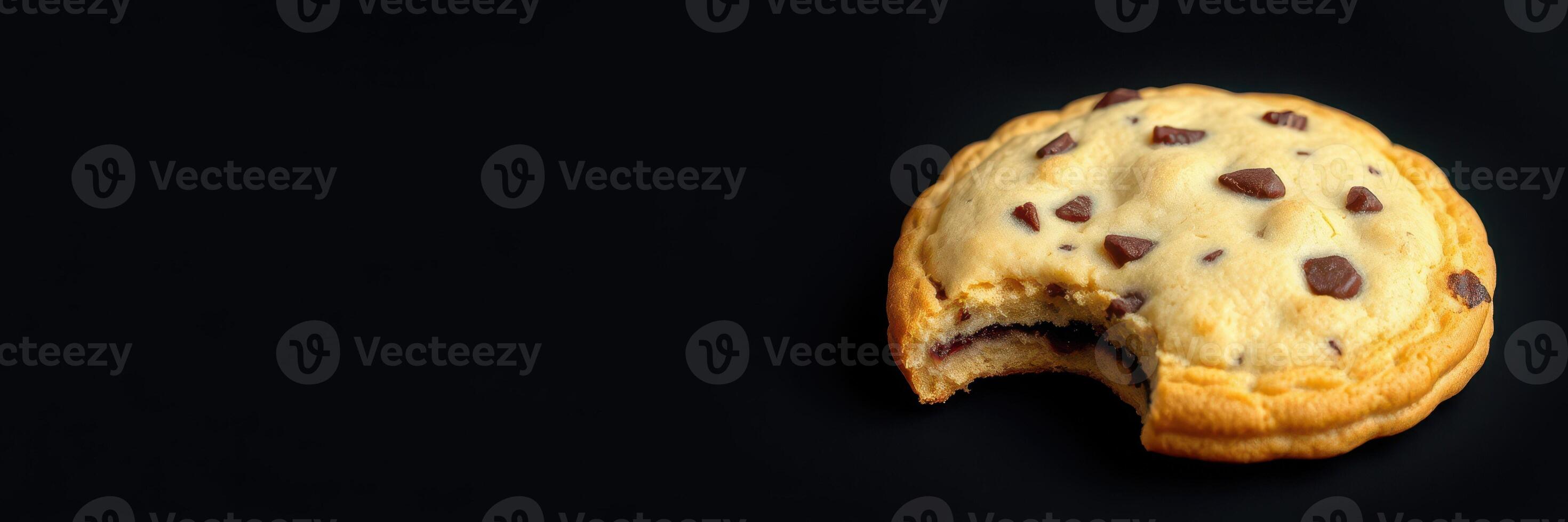 Warm chocolate chip cookie with a bite taken out against a dark background photo
