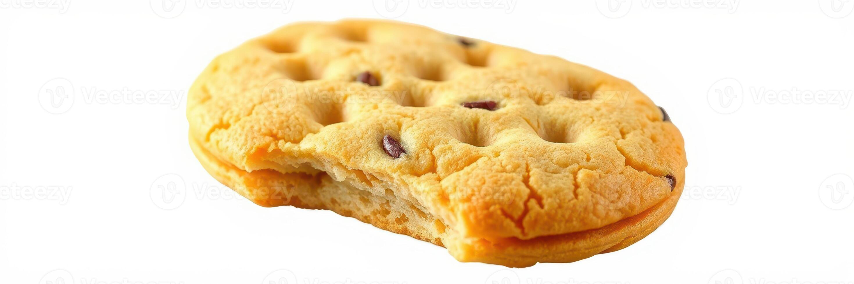 Delicious chocolate chip cookie with a bite taken out, showcasing its soft texture and golden color photo