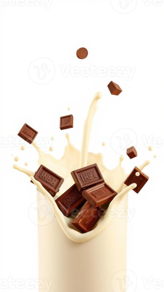 Delicious chocolate bars splashing into creamy milk in a dynamic culinary moment photo