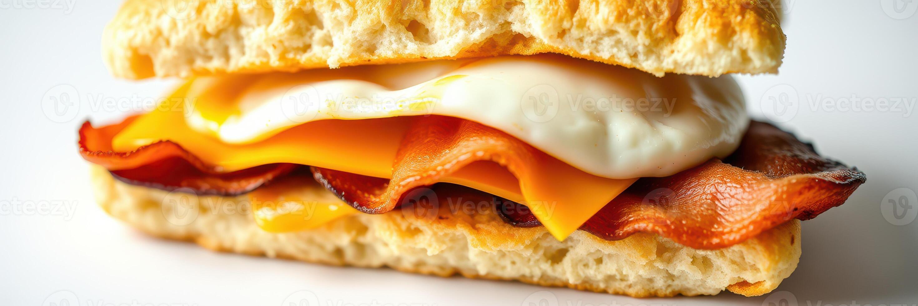 Breakfast sandwich with layers of bacon, cheese, and a perfectly cooked egg on a toasted biscuit photo