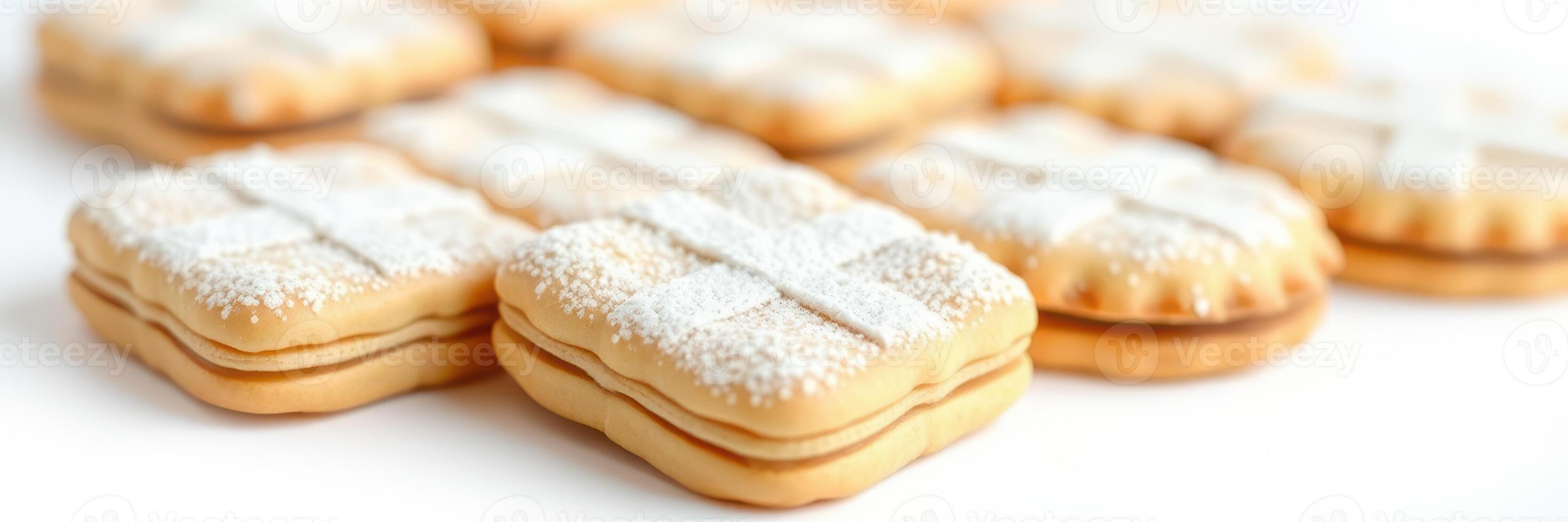 Delicious square cookies with cream filling and powdered sugar on top arranged neatly on a table photo