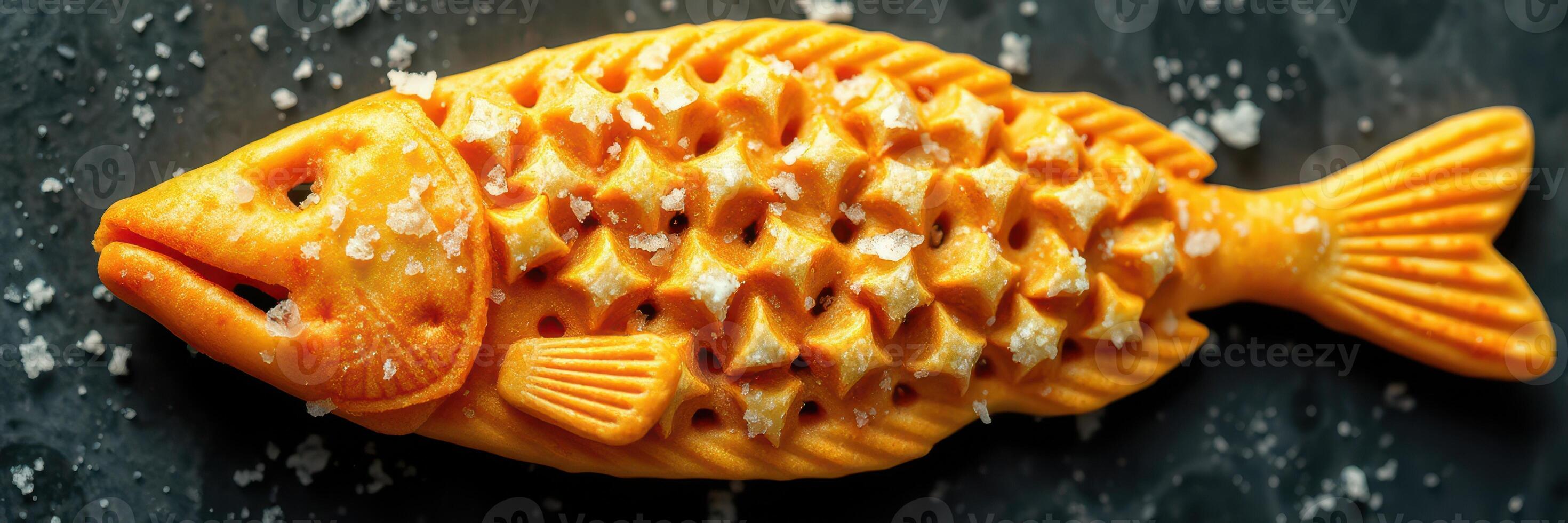 Deliciously crafted golden fish-shaped snack with textured scales resting on a dark surface photo