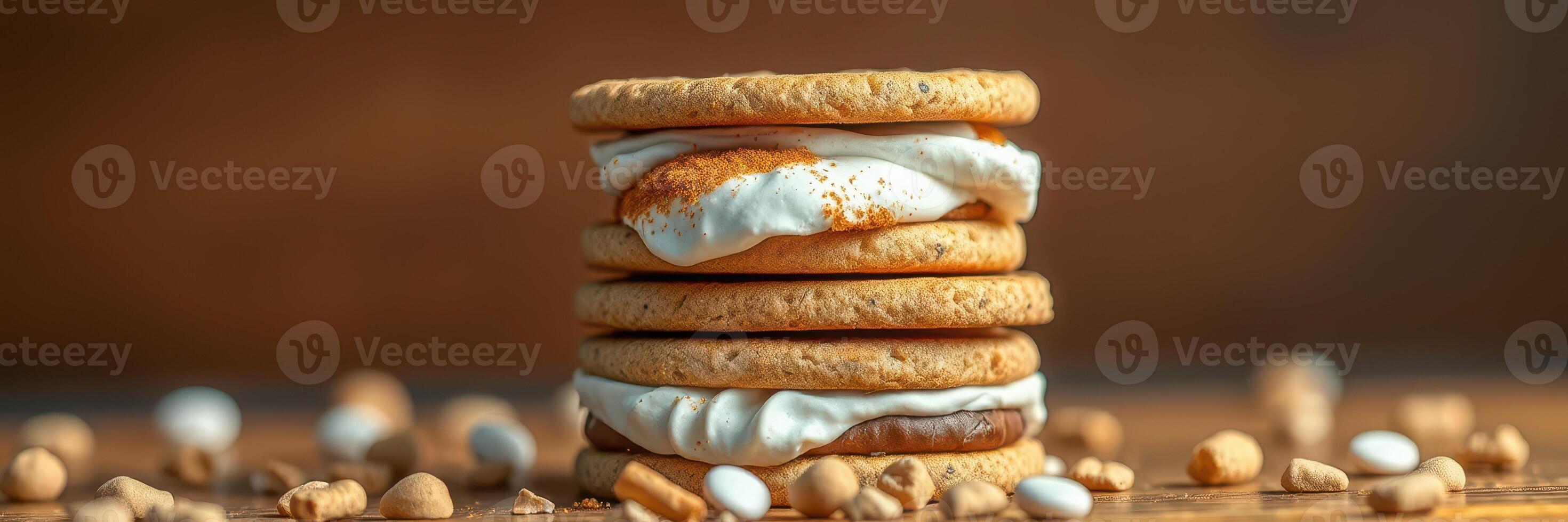 Delicious marshmallow and cookie stack on a wooden surface with scattered nuts in a warm setting photo