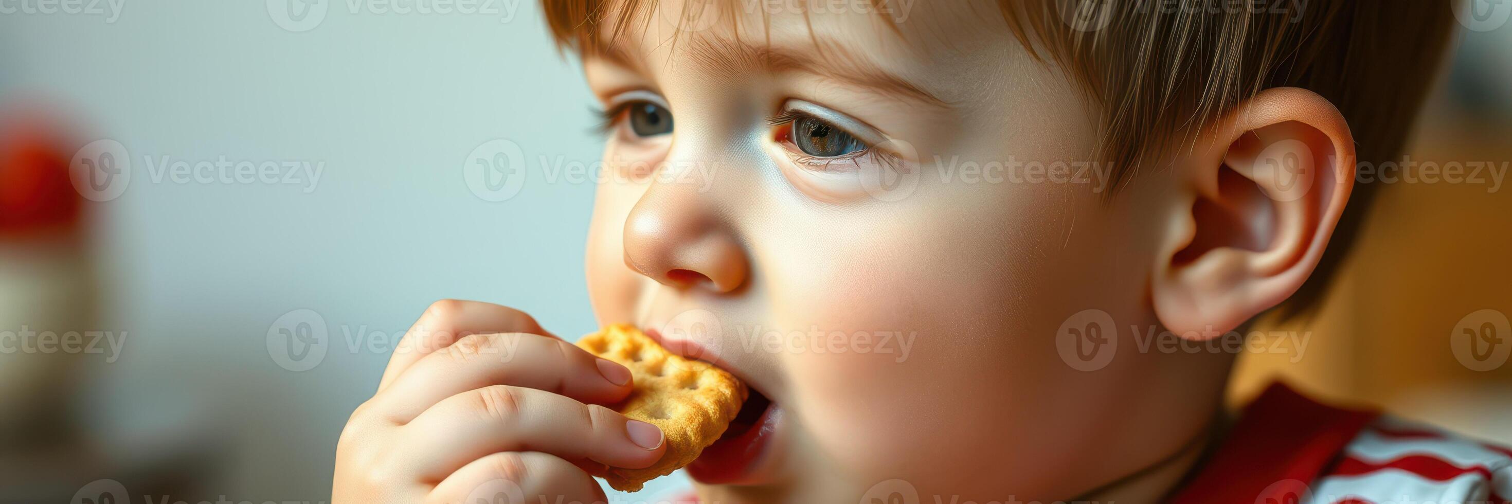 Young child enjoys a snack while sitting indoors during the afternoon, showcasing curiosity and delight in simple pleasures photo