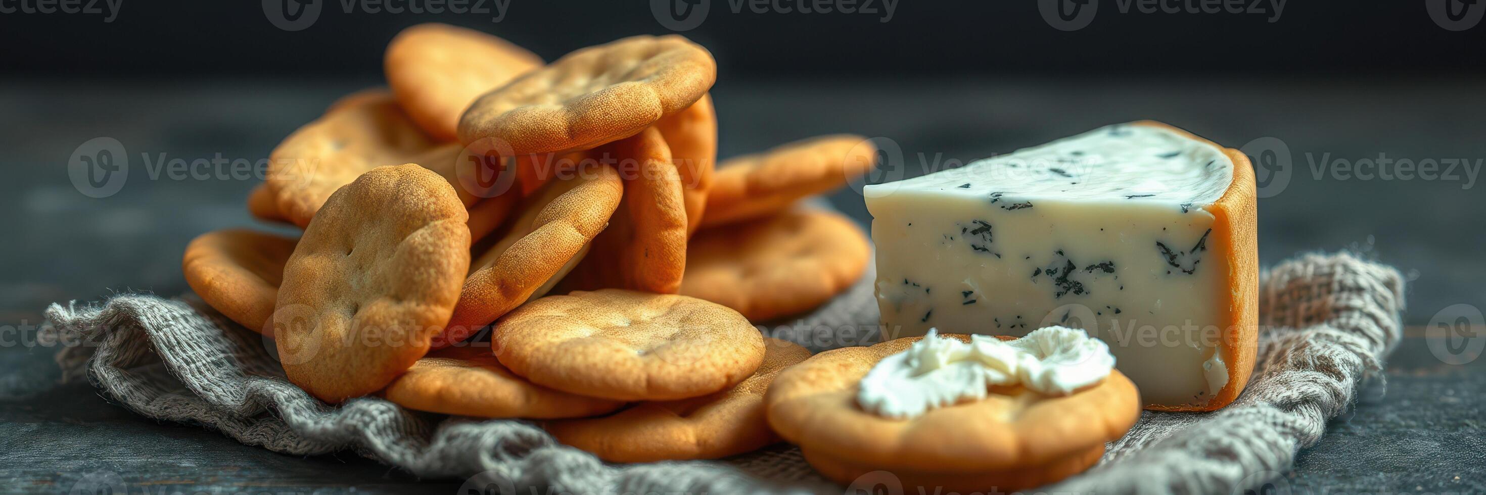 Savory crackers paired with creamy cheese on a textured cloth background photo