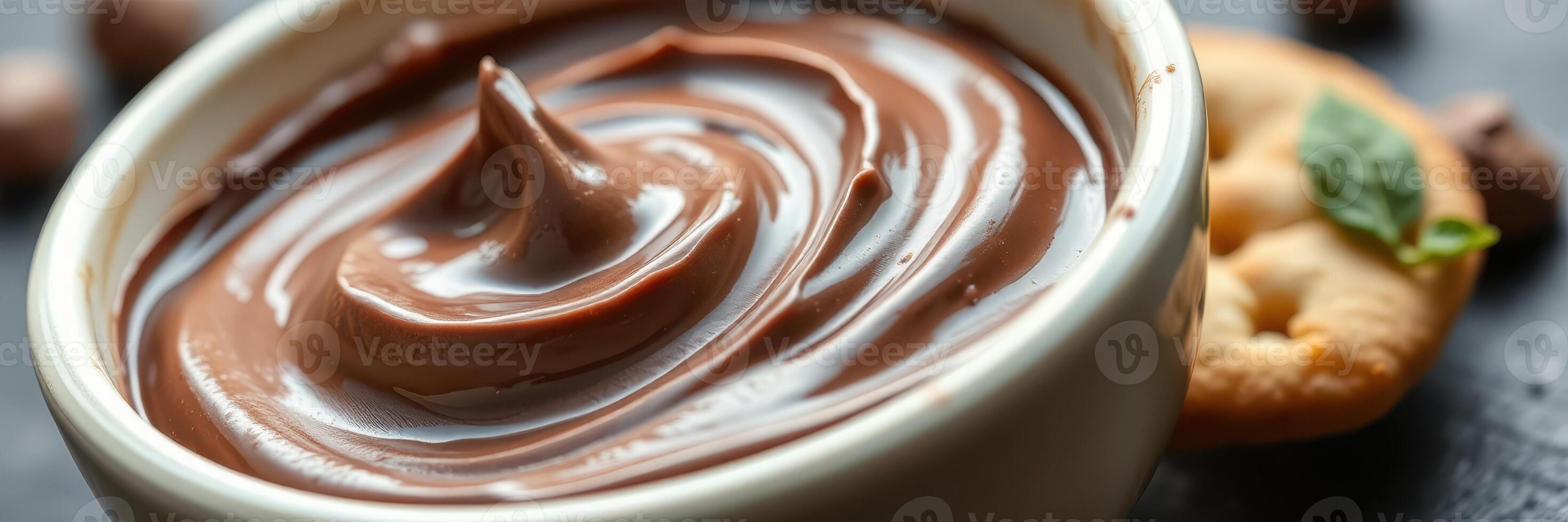 Creamy chocolate spread served with a crunchy cookie on a rustic wooden table photo