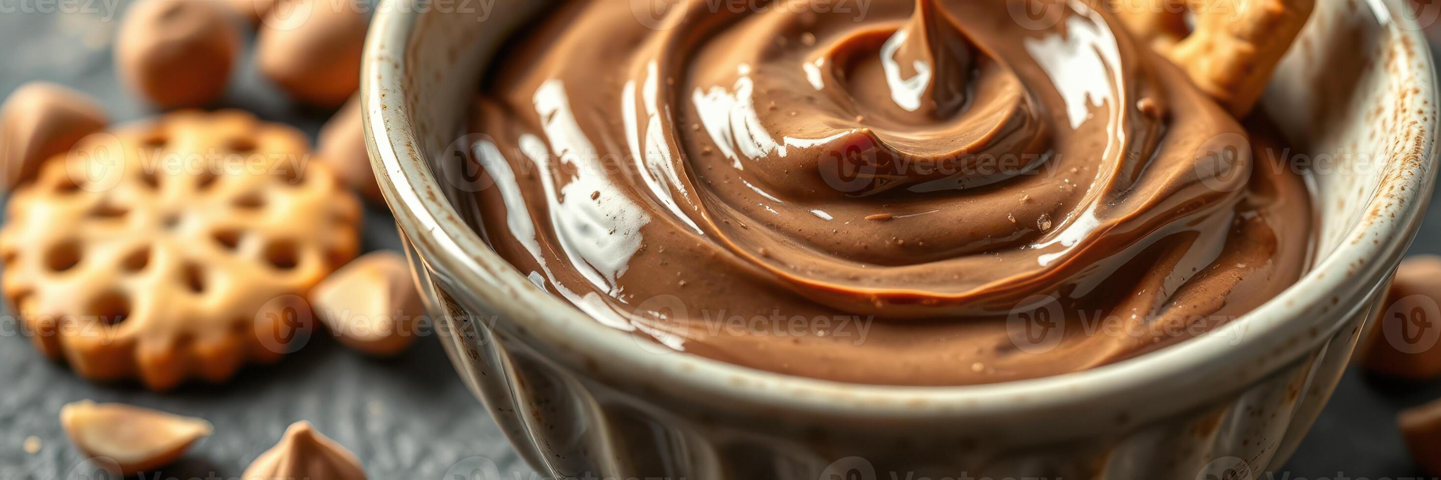 Creamy chocolate dip served in a bowl with cookies and peanuts on a dark background photo