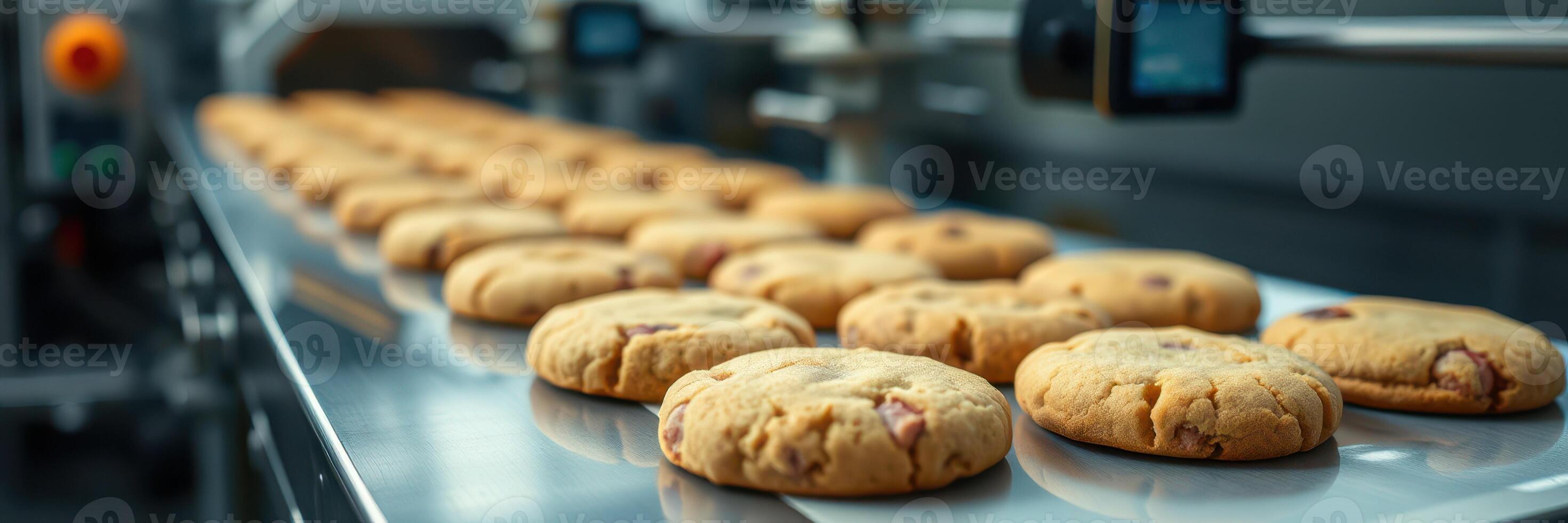 Freshly baked cookies moving along a conveyor belt in a modern bakery setting photo