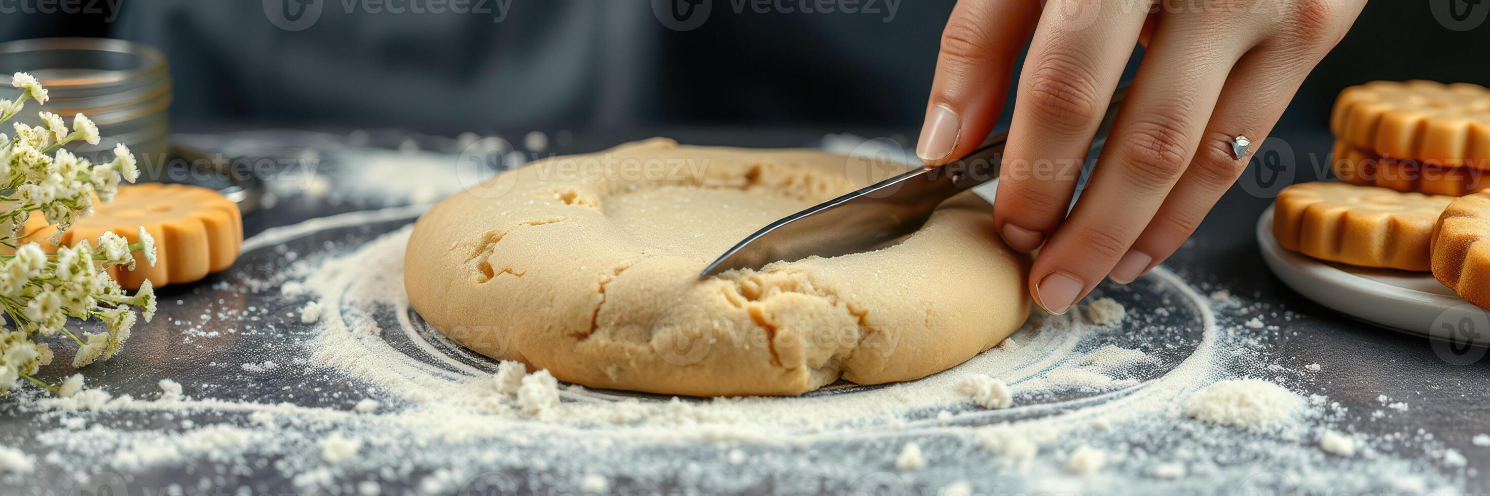 Preparing dough for cookies with hands and knife on a flour-dusted surface in a cozy kitchen setting photo