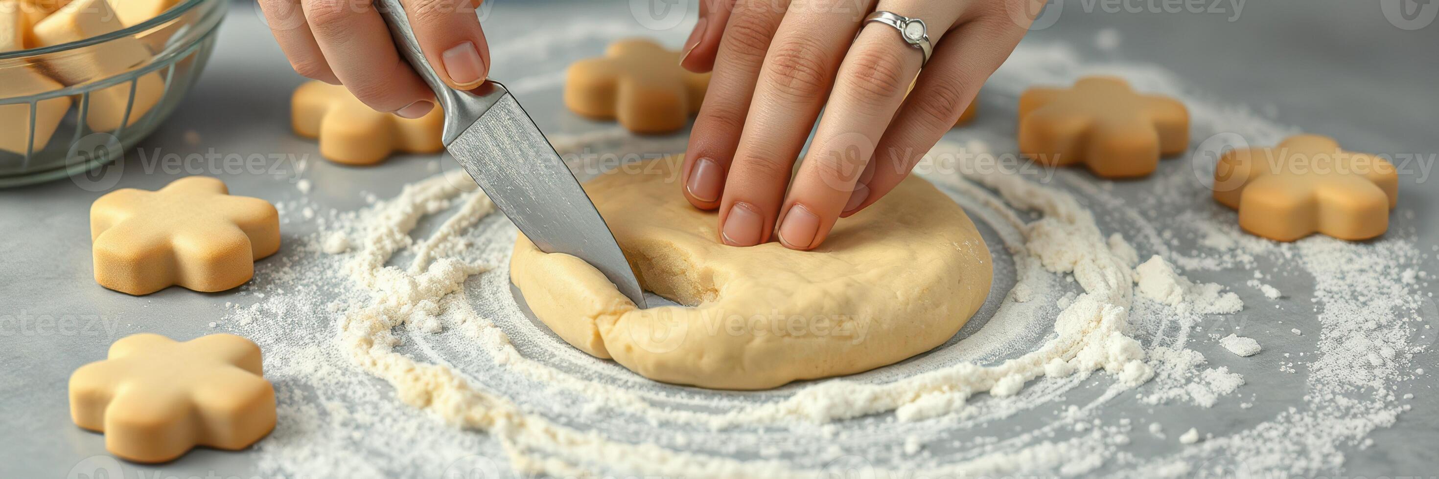 Hands shaping cookie dough with flower-shaped pieces on a kitchen counter decorated with flour photo
