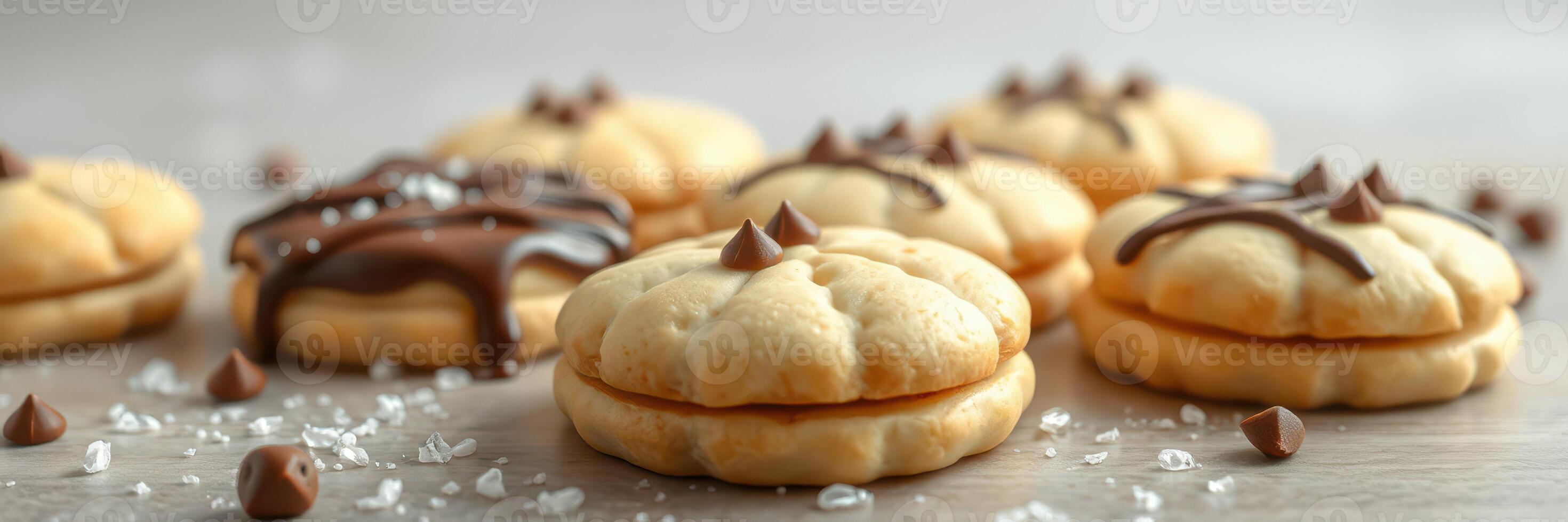 Delicious homemade cookies with chocolate drizzle and sprinkles on a wooden table photo
