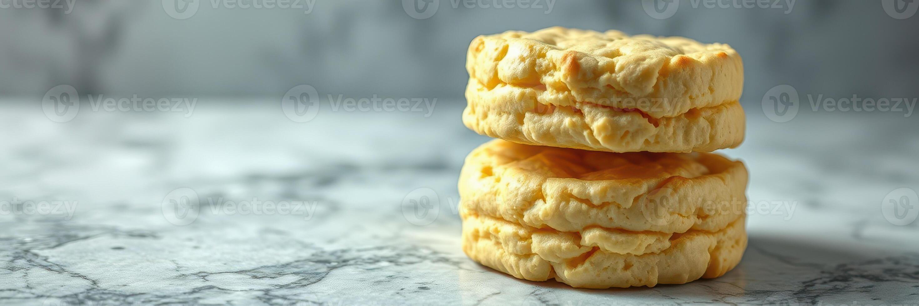 Fluffy homemade biscuits stacked on a marble countertop, showcasing their golden texture and inviting appearance for breakfast photo