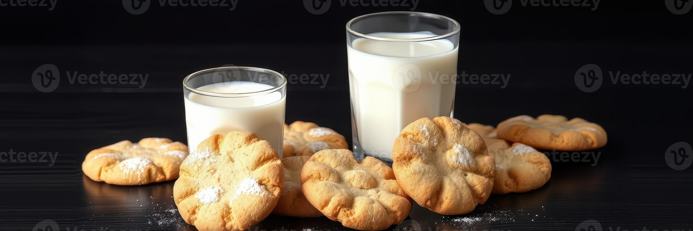 Delicious cookies arranged with glasses of milk on a dark wooden table in a cozy kitchen setting photo