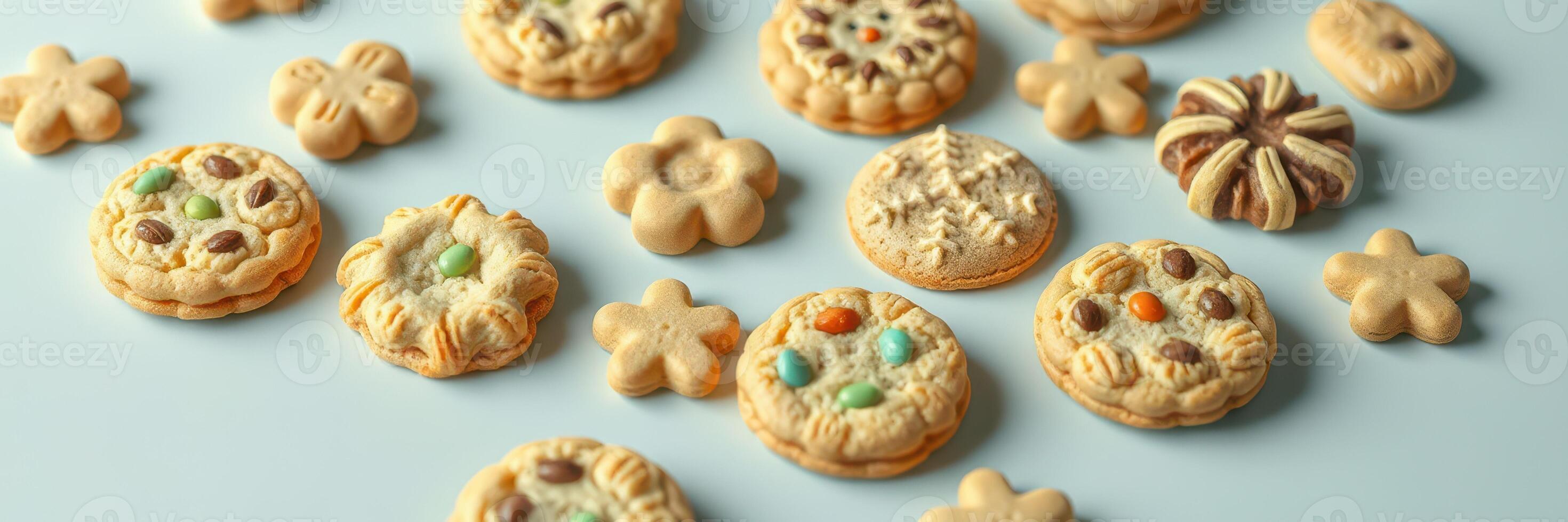 Delicious assortment of decorative cookies on a light blue background ready for a festive gathering photo