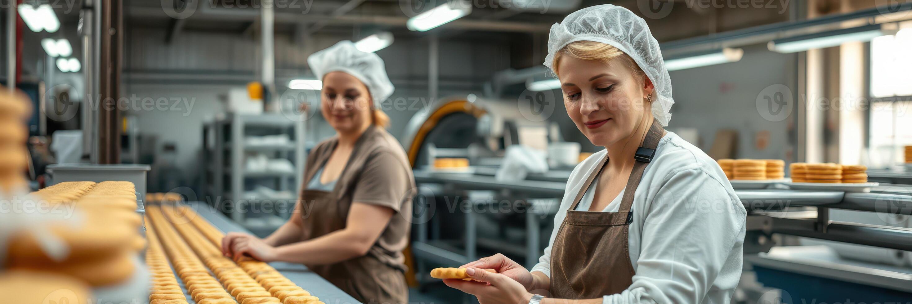 Workers expertly crafting pastries in a bustling bakery during the morning hours in a modern facility photo