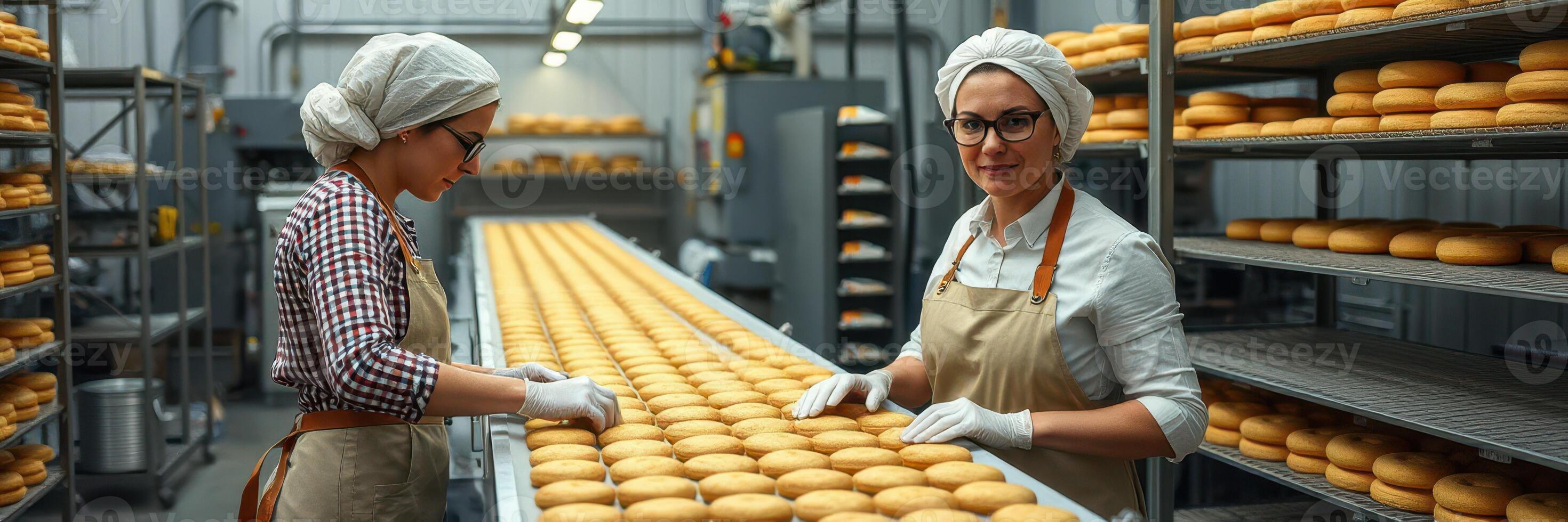 Workers in a cheese factory carefully arranging fresh rounds of cheese on a production line during daylight hours photo