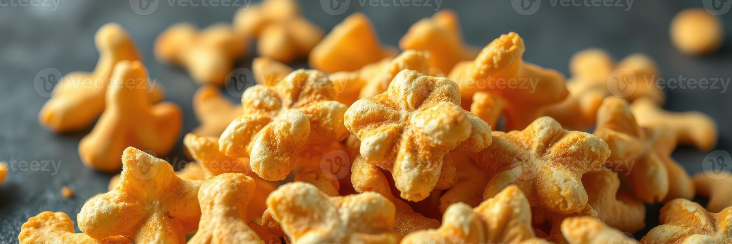 Crunchy popcorn snacks in fun shapes piled on a dark surface ready for sharing and enjoying at a gathering photo