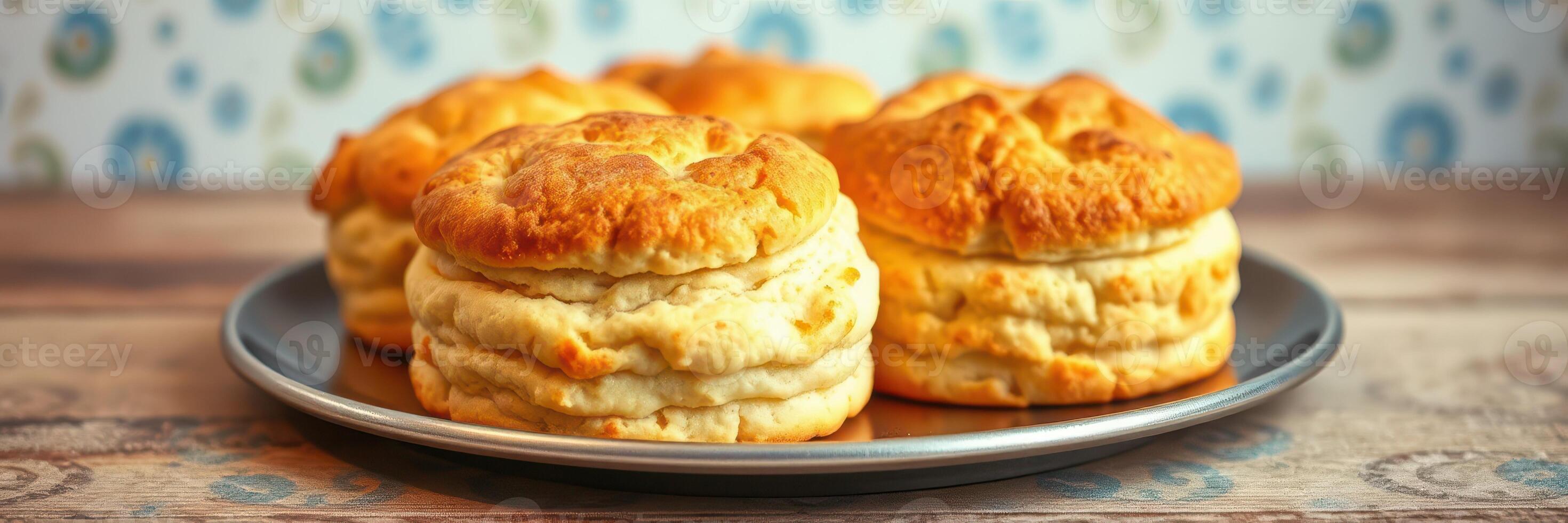 Fluffy biscuits arranged on a silver platter with a decorative background in a cozy kitchen setting photo