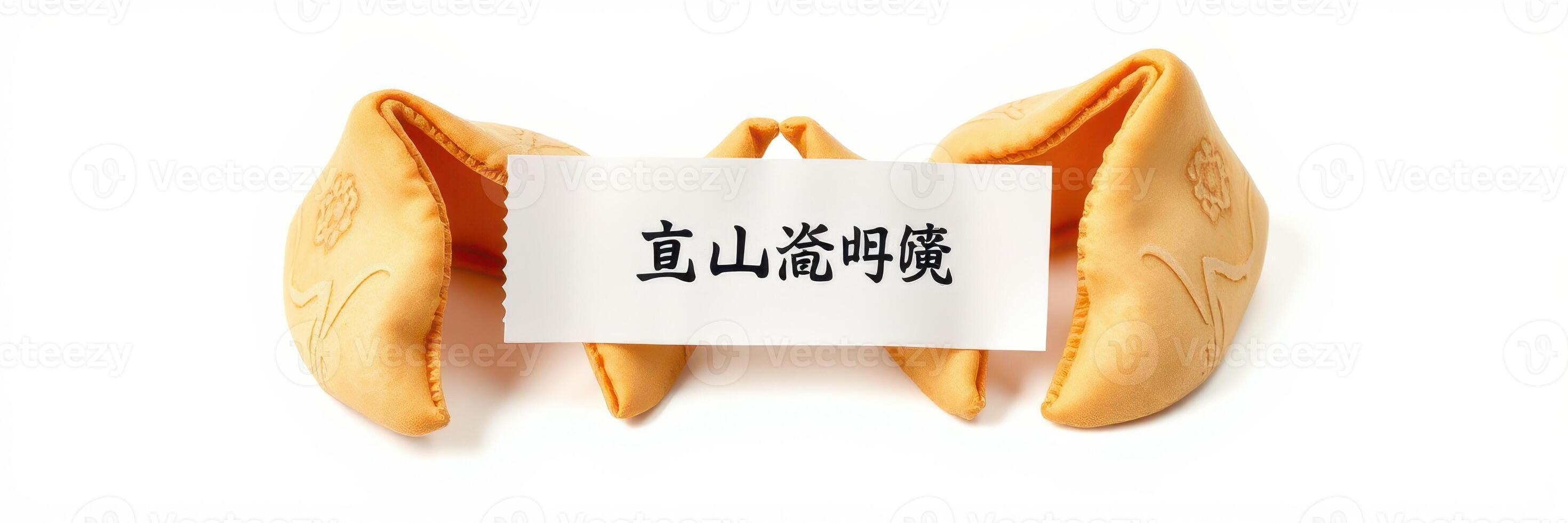 Fortune cookies displayed on a table with a message inside at a lively restaurant during dinner photo