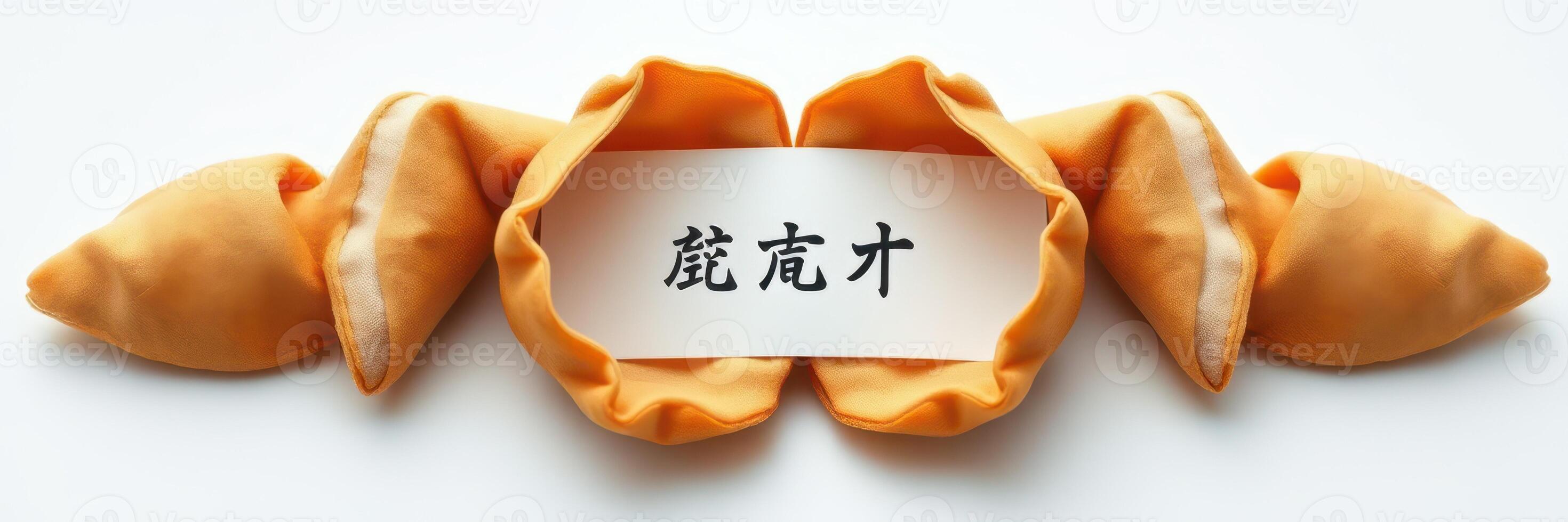 Unique decorative arrangement featuring a fortune cookie with elegant design and handwritten message placed on a plain background photo