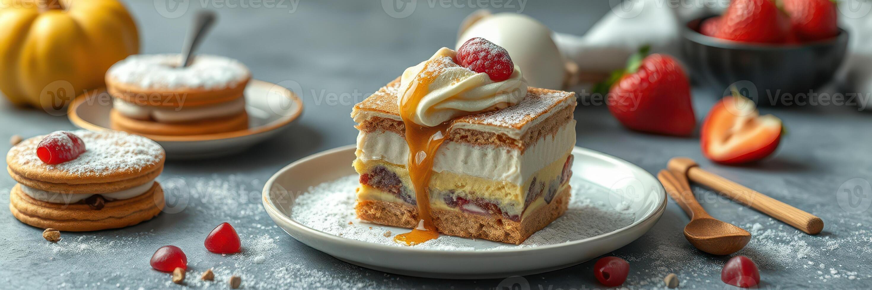 Dessert platter featuring layered pastry, fresh fruit, and rich toppings served on a rustic table photo