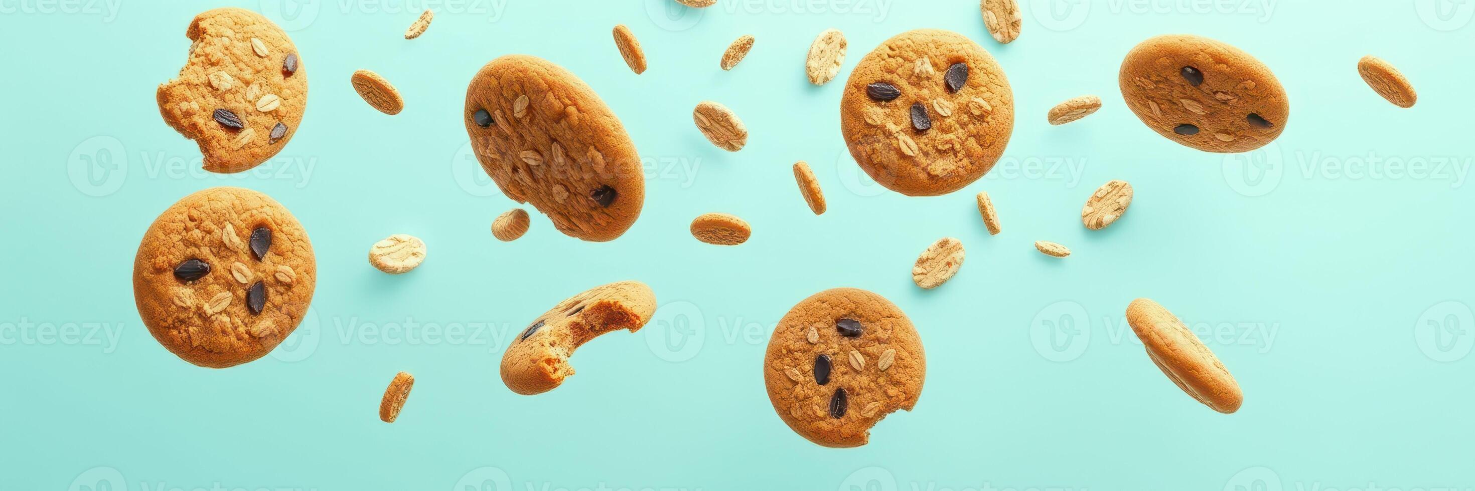 Delicious cookies floating in mid-air against a light blue background create a whimsical bakery atmosphere photo