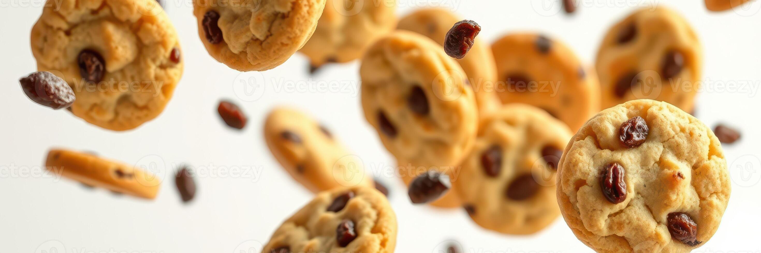 Cookies floating in the air with raisins captured in bright light creating a playful dessert scene photo