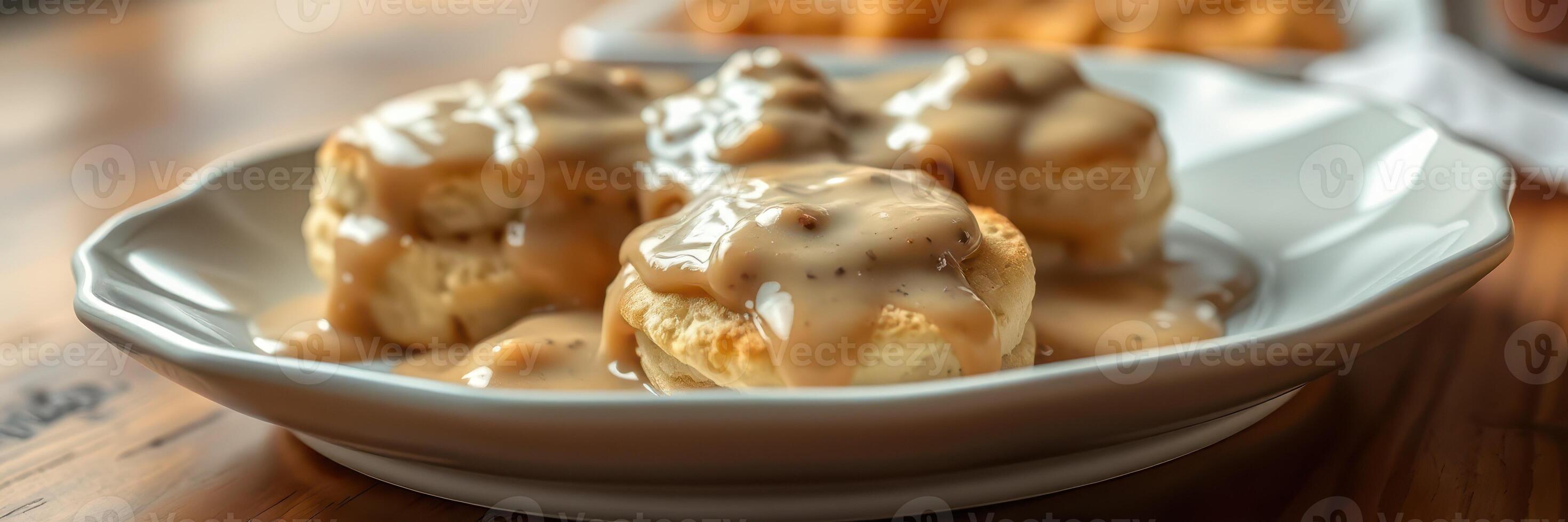 Delicious biscuits topped with creamy gravy served on a white plate in a cozy diner setting photo