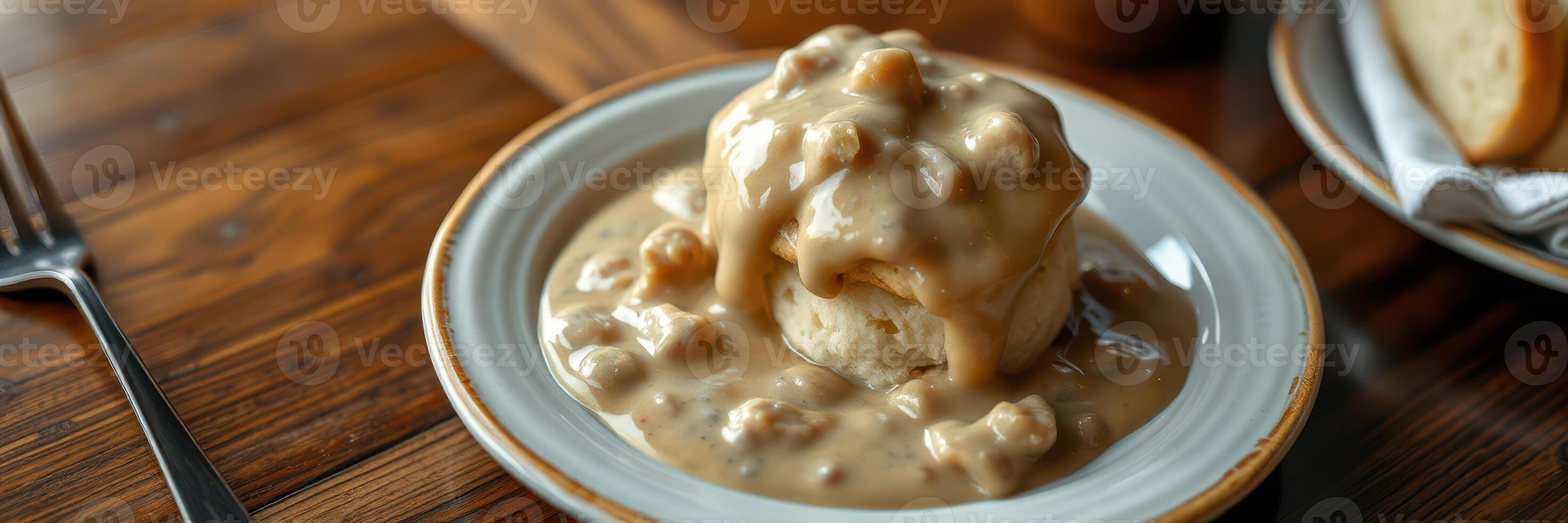 Delicious biscuit served with savory gravy in a cozy dining setting during breakfast photo