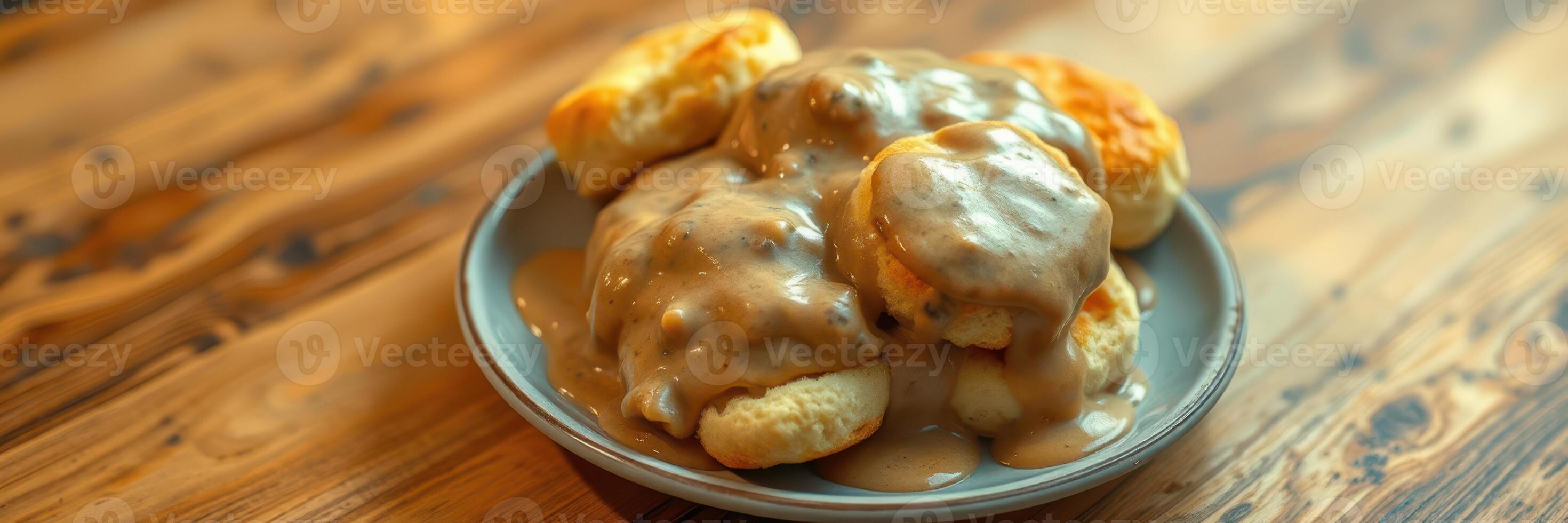 Delicious biscuits smothered in creamy sausage gravy served on a rustic wooden table photo