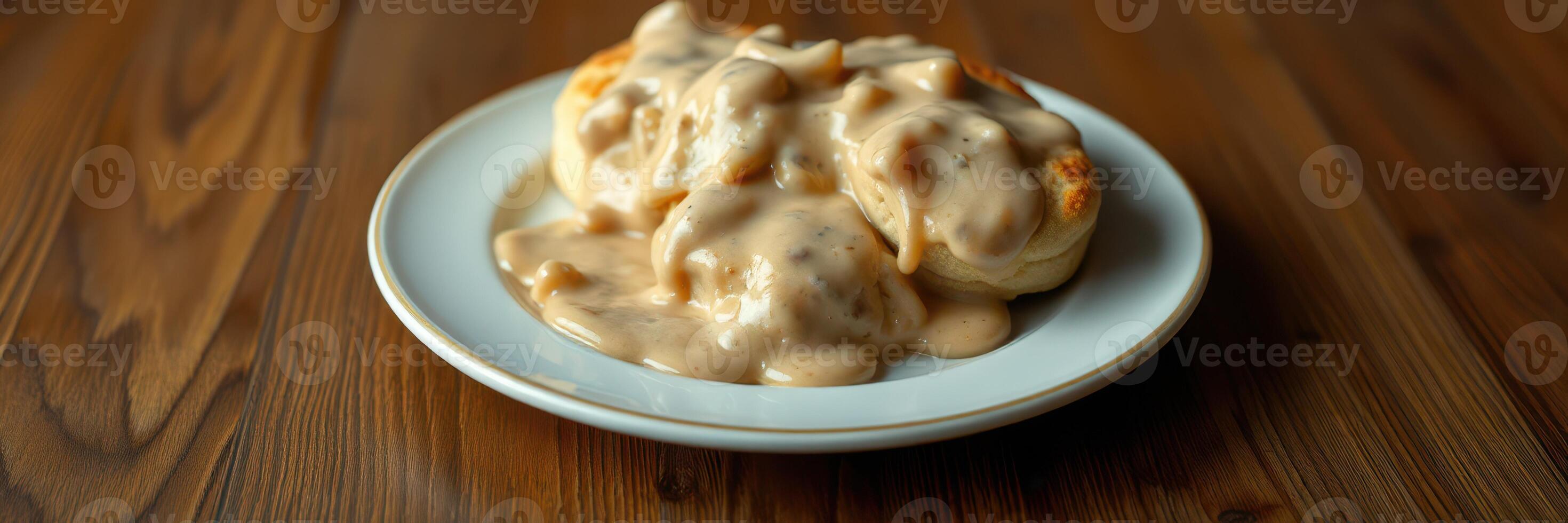 Delicious biscuits smothered in creamy sausage gravy served on a white plate photo