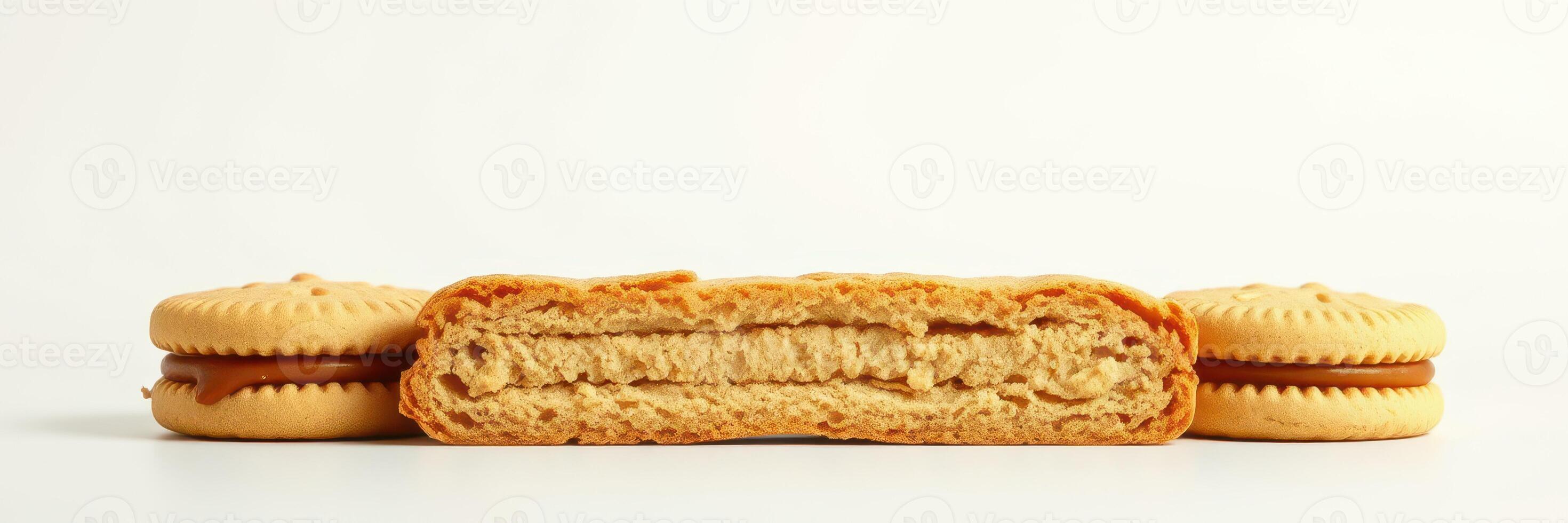 Cream-filled cookies arranged on a clean surface showcasing layers and textures photo