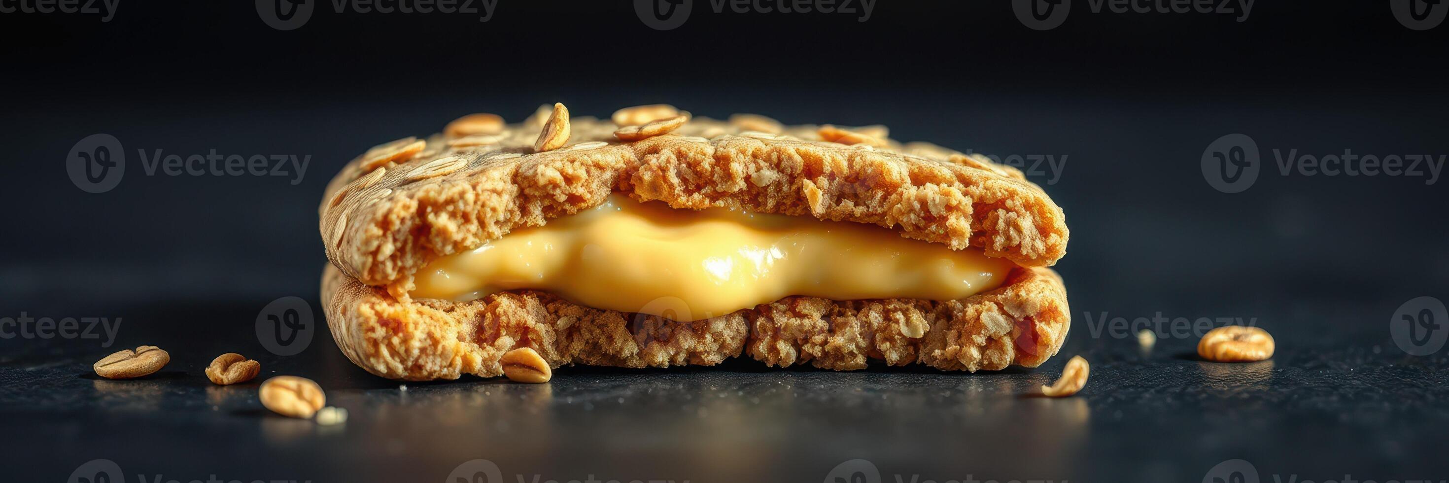 Delicious oat cookie filled with creamy peanut butter on a dark background photo