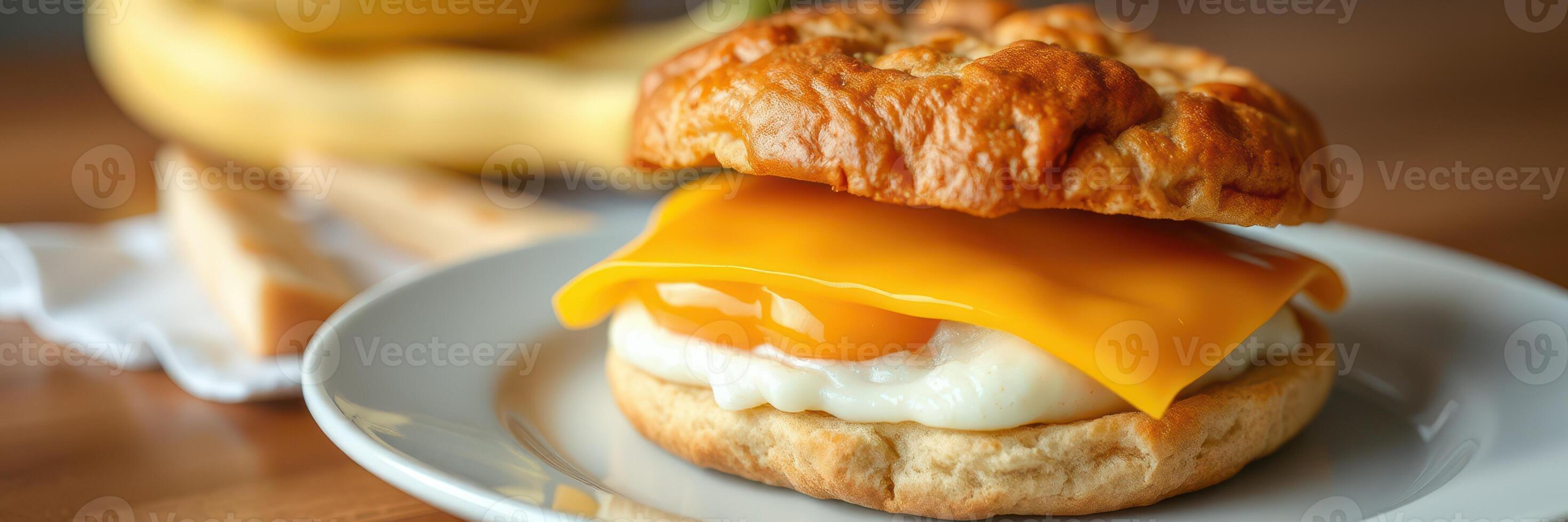 Delicious breakfast sandwich with egg and cheese served on a warm biscuit photo