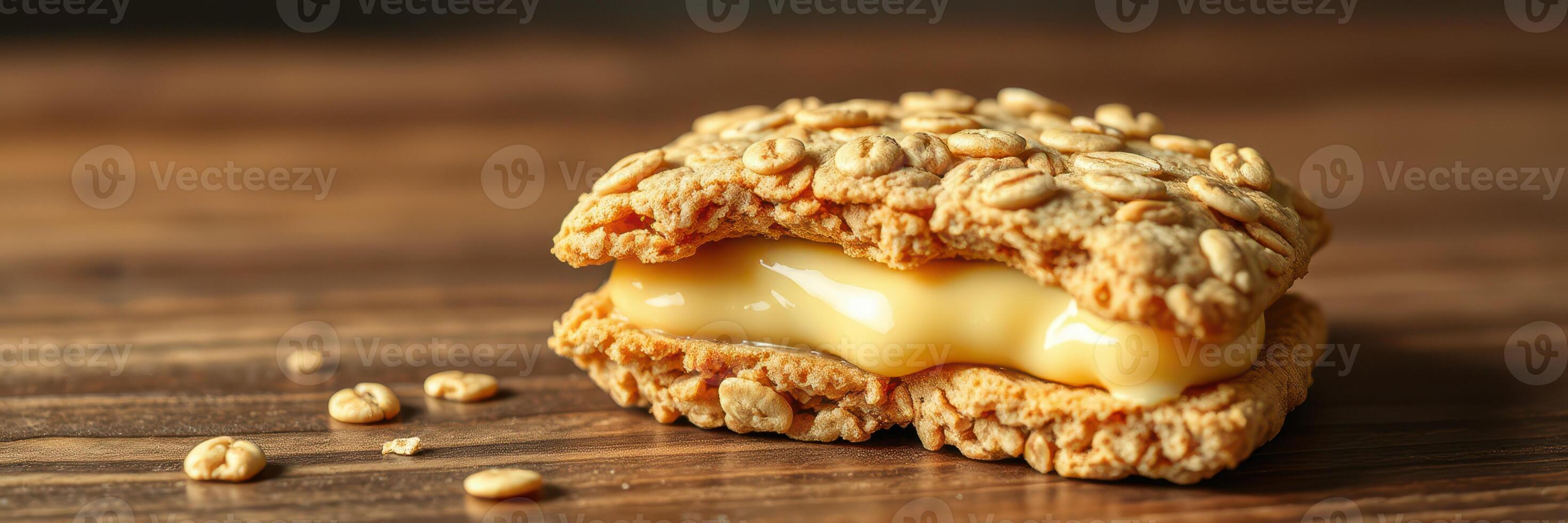 Oatmeal cookie sandwich with creamy filling placed on wooden surface in dim light photo