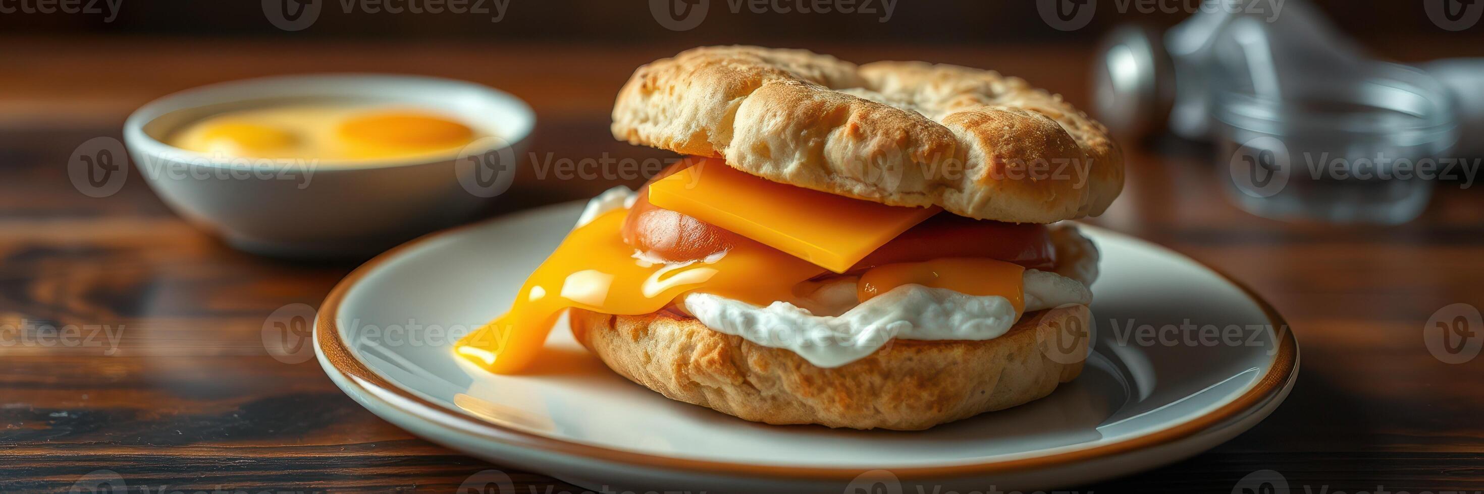 Breakfast sandwich with melted cheese and soft-boiled eggs served on a wooden table photo