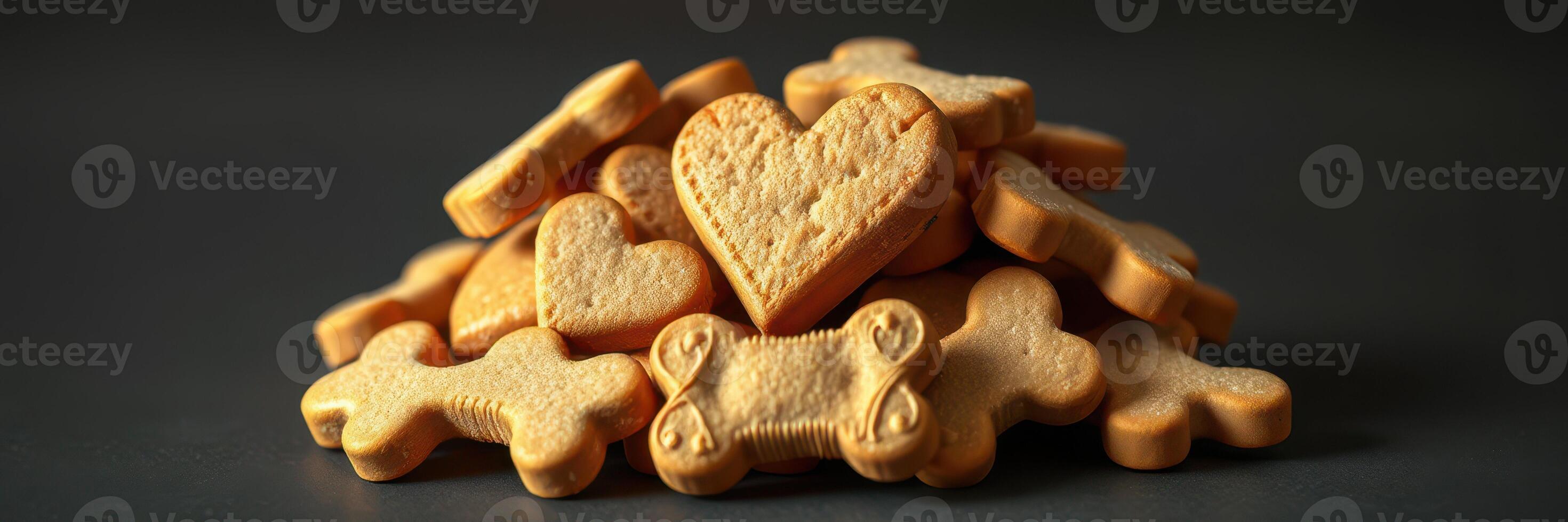 Dog treats shaped like bones and hearts arranged on a dark background for pet enjoyment photo