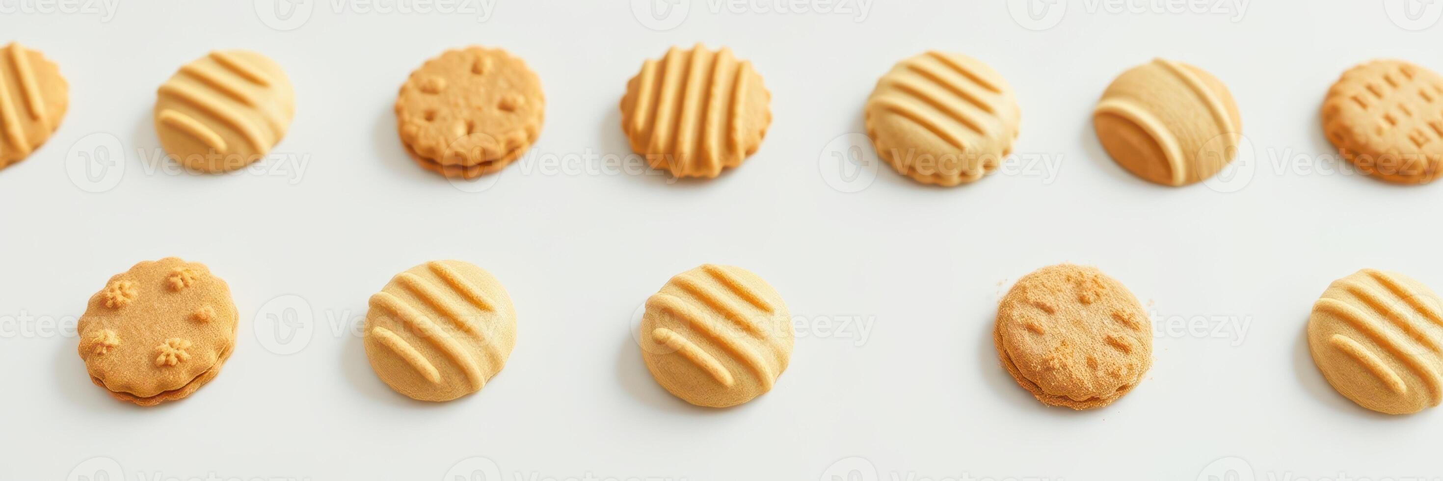 Different types of round cookies arranged neatly on a white surface ready for serving photo