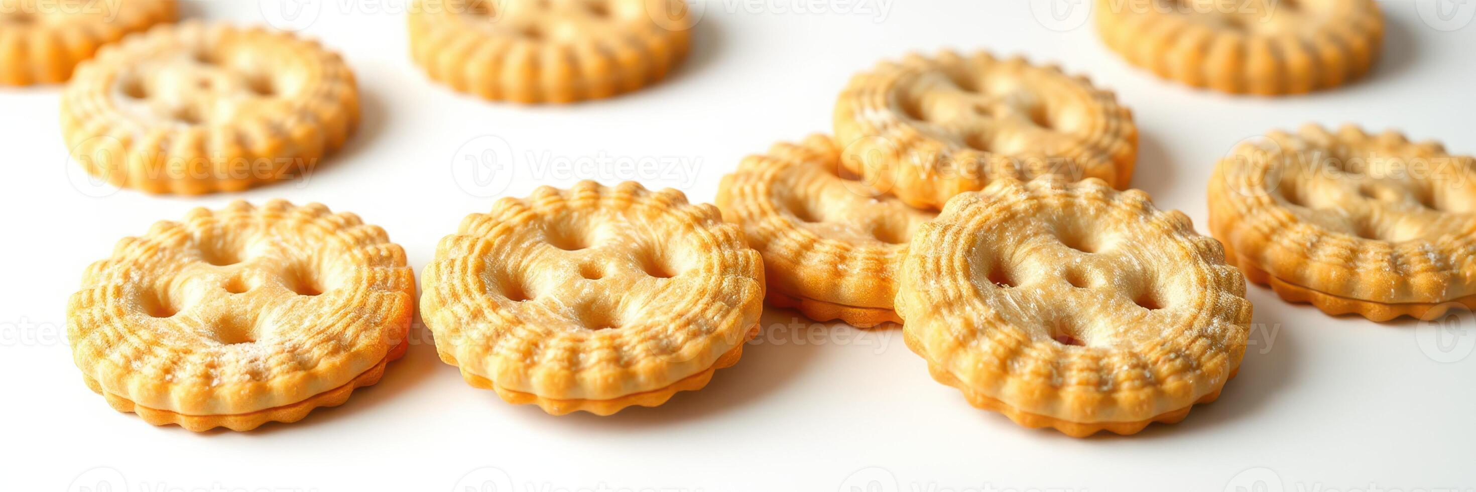 Creative arrangement of button-shaped crackers on a white background showcasing delightful texture and design photo