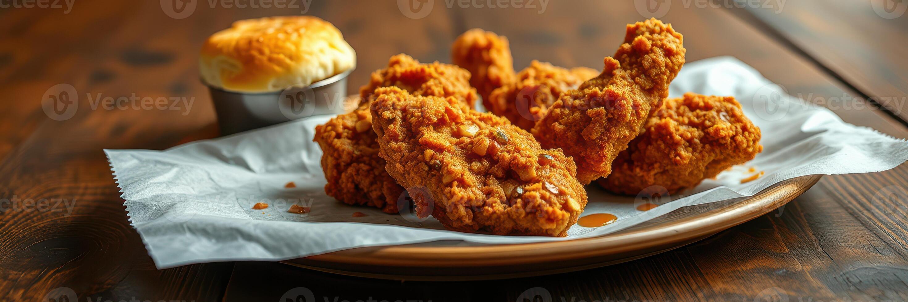 Crispy fried chicken served with a buttery biscuit on a wooden table photo