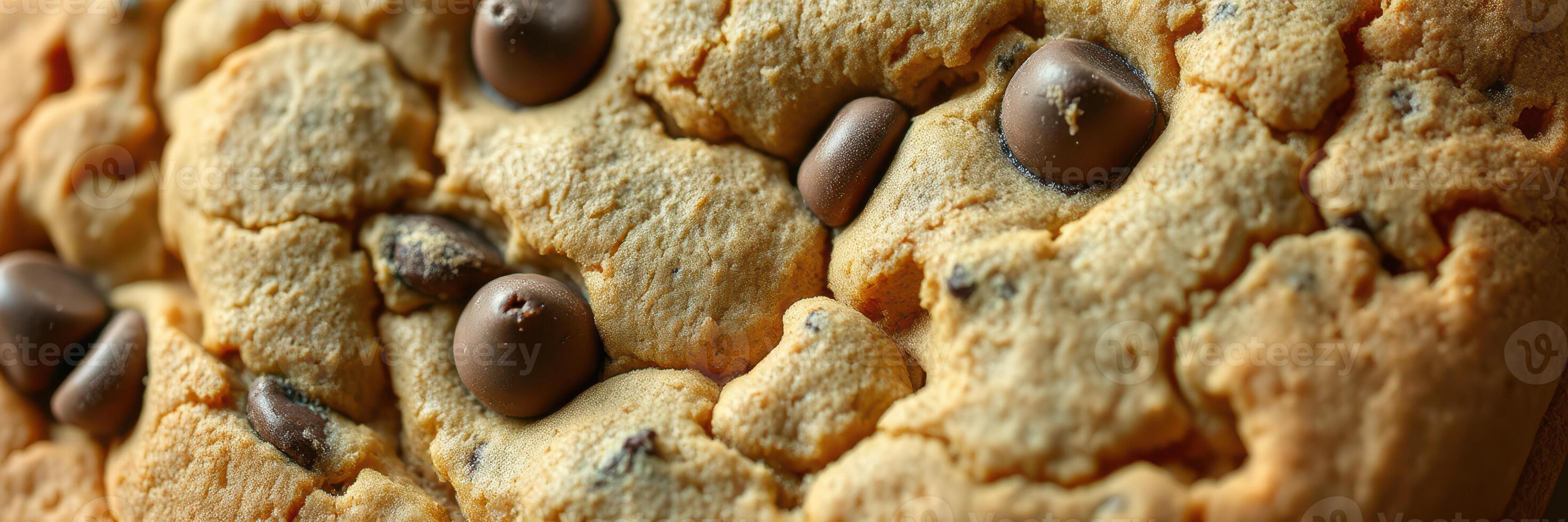 Delicious freshly baked chocolate chip cookies on a wooden surface with a warm, inviting appearance photo