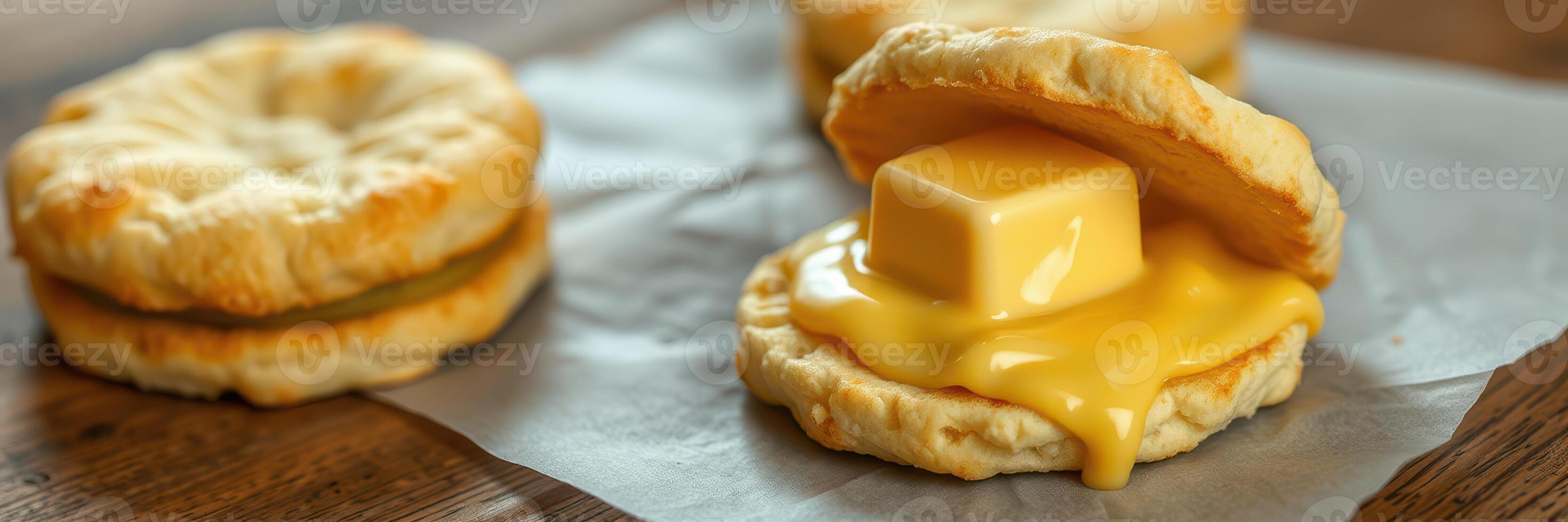 Freshly baked biscuits with melting butter served on parchment paper during a cozy breakfast setting photo