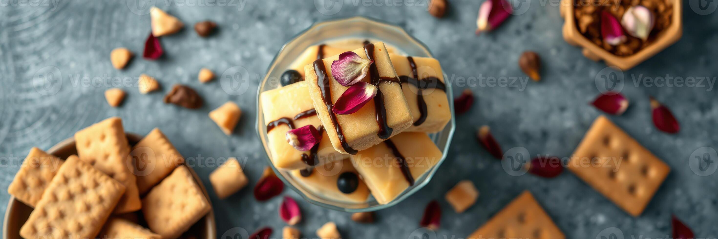 Delicious dessert platter with cookies and chocolate garnished with flowers on a blue background photo