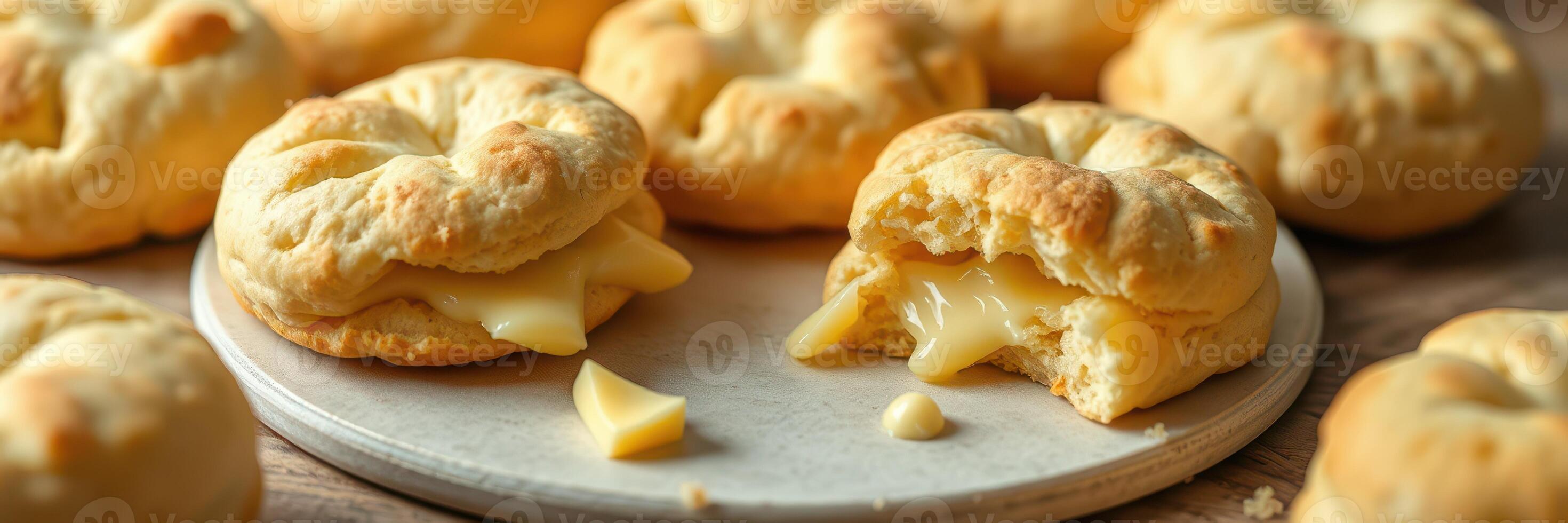Delicious homemade cheese-filled pastries on a plate with melted filling spilling out photo