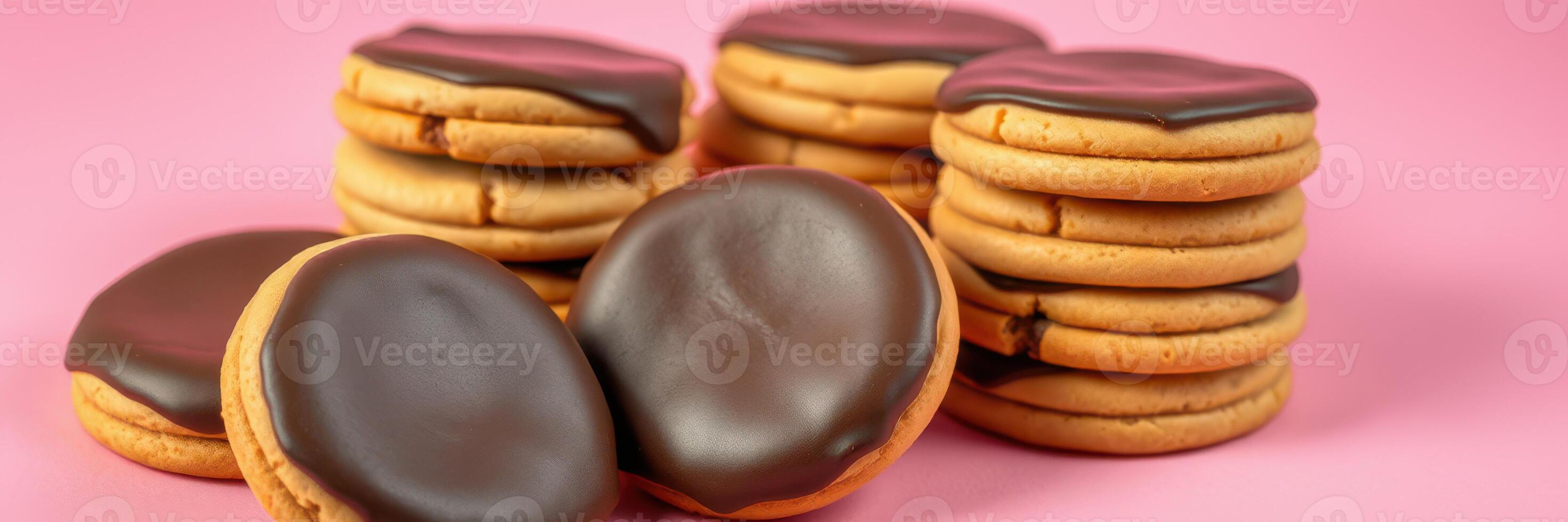 Deliciously crafted cookies with smooth chocolate coating on a pink background photo